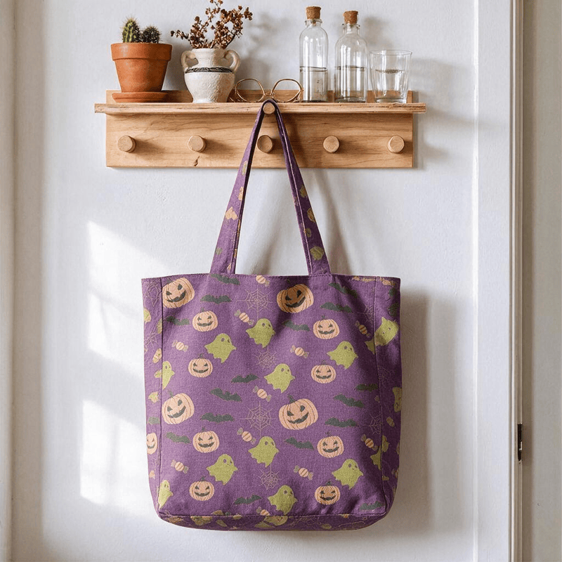 Borsa tote in cotone multicolore con fantasma di Halloween - Viola intenso - 14,2" L × 15,4" A × 4,1" P - image 18