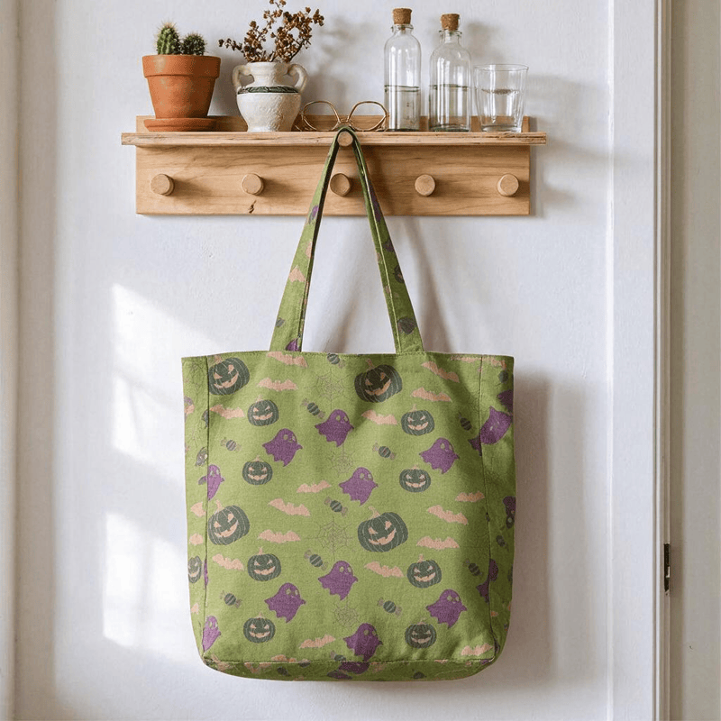 Borsa tote in cotone multicolore con fantasma di Halloween - Verde e viola - 14,2" L × 15,4" A × 4,1" P - image 21