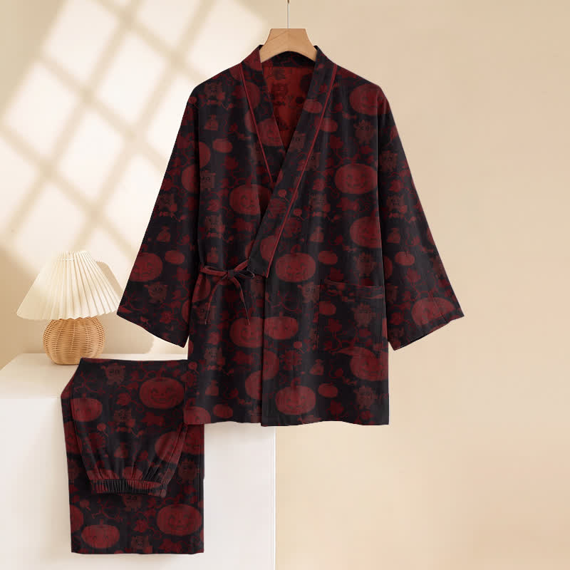 Set pigiama kimono in cotone con stampa zucca di Halloween - image 9