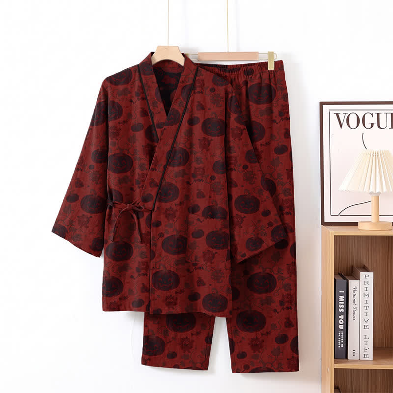 Set pigiama kimono in cotone con stampa zucca di Halloween - Rosso - XL - image 1