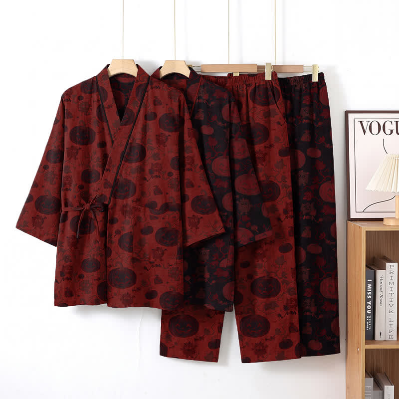 Set pigiama kimono in cotone con stampa zucca di Halloween - image 0