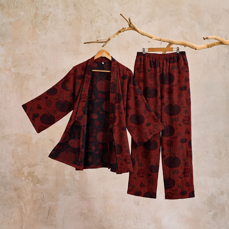 Set pigiama kimono in cotone con stampa zucca di Halloween - image 4