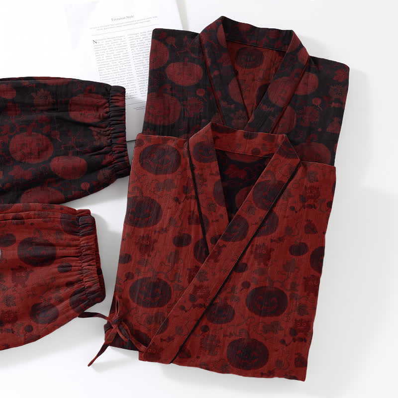Set pigiama kimono in cotone con stampa zucca di Halloween - image 5