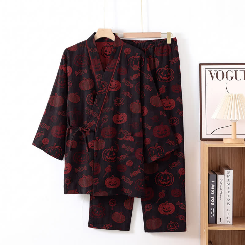 Set pigiama kimono in cotone con stampa zucca di Halloween - Nero - XL - image 6