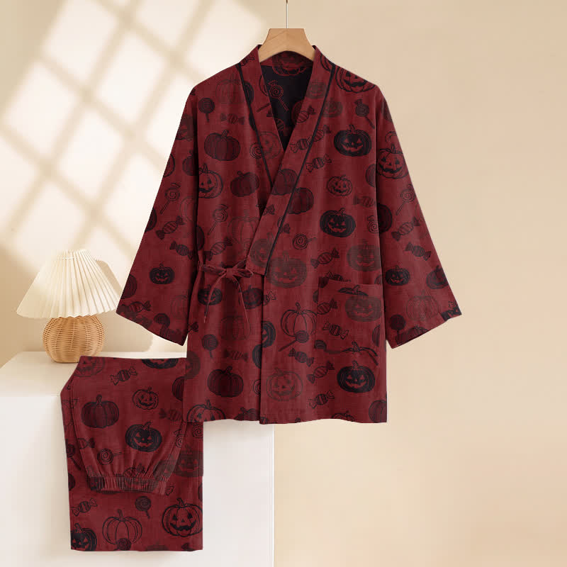 Set pigiama kimono in cotone con stampa zucca di Halloween - image 3