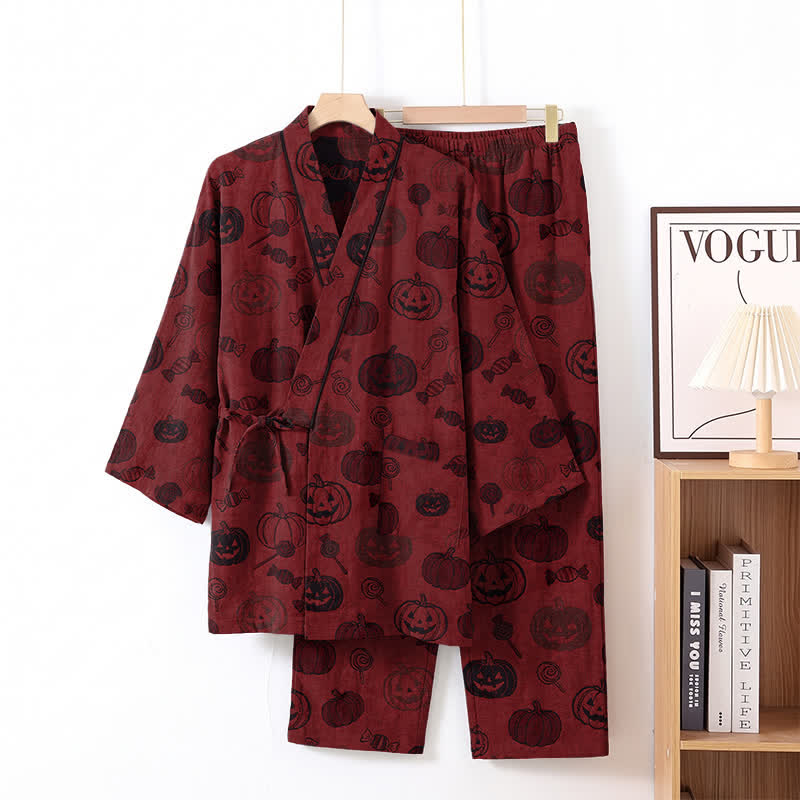 Set pigiama kimono in cotone con stampa zucca di Halloween - Rosso - L - image 1