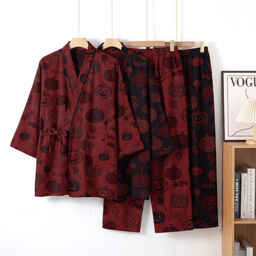 Set pigiama kimono in cotone con stampa zucca di Halloween - image 0