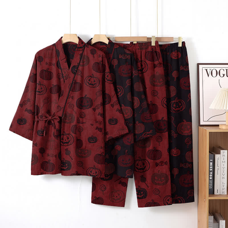 Set pigiama kimono in cotone con stampa zucca di Halloween - image 0