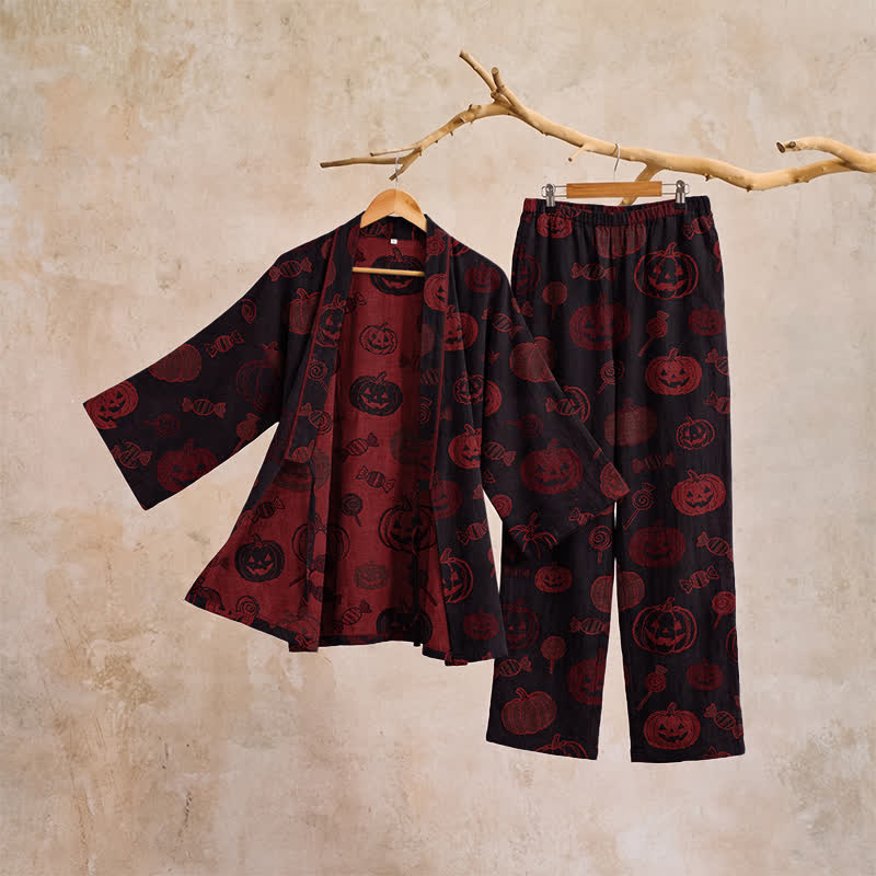 Set pigiama kimono in cotone con stampa zucca di Halloween - image 10