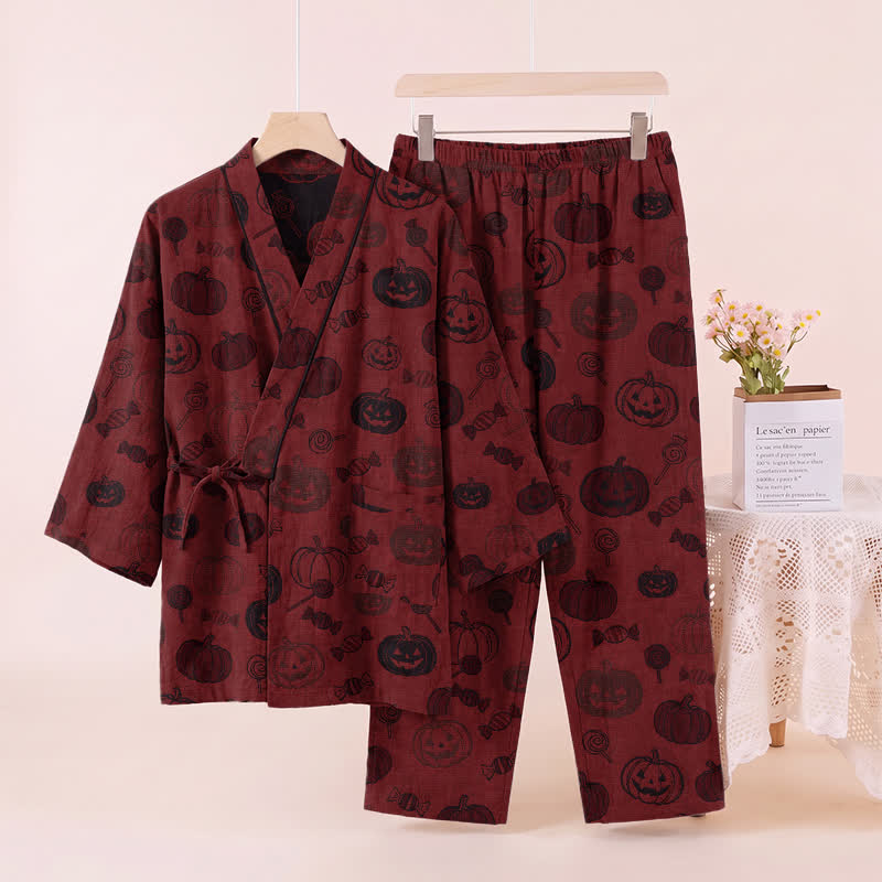 Set pigiama kimono in cotone con stampa zucca di Halloween - Rosso - XL - image 2