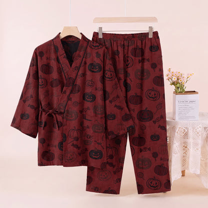 Set pigiama kimono in cotone con stampa zucca di Halloween - Rosso - XL - image 2