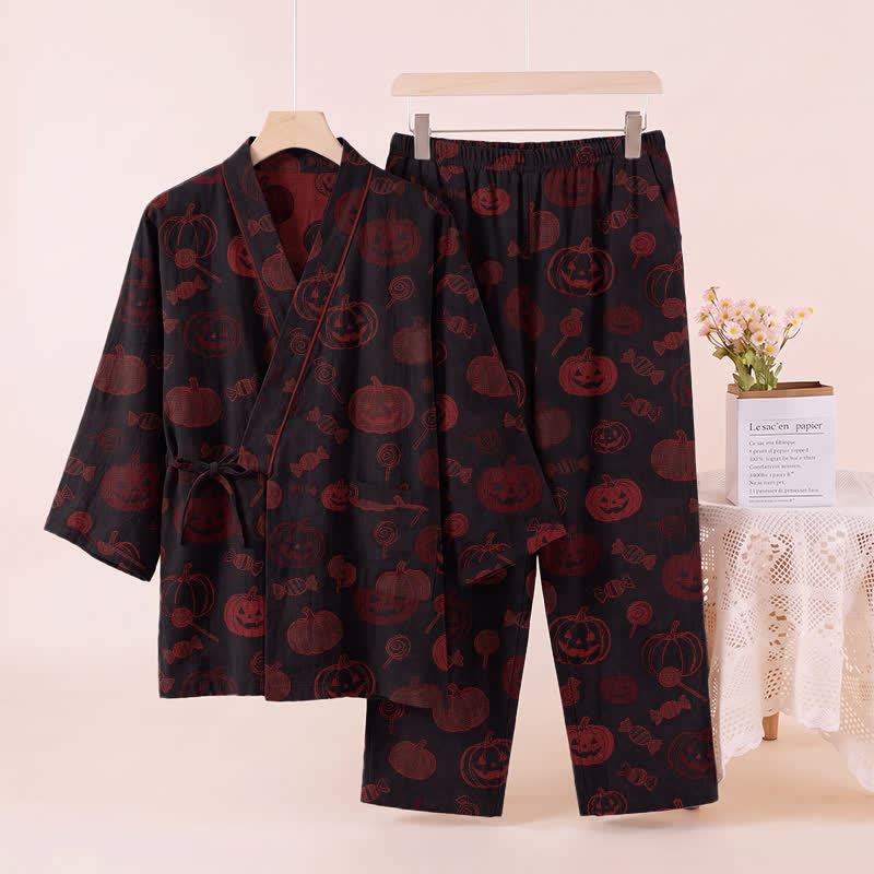 Set pigiama kimono in cotone con stampa zucca di Halloween - image 8