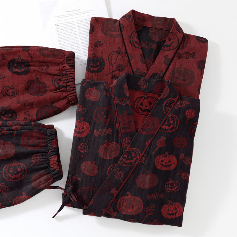 Set pigiama kimono in cotone con stampa zucca di Halloween - image 11