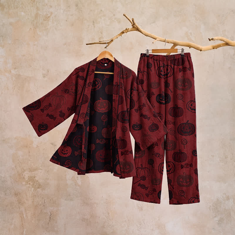 Set pigiama kimono in cotone con stampa zucca di Halloween - image 4