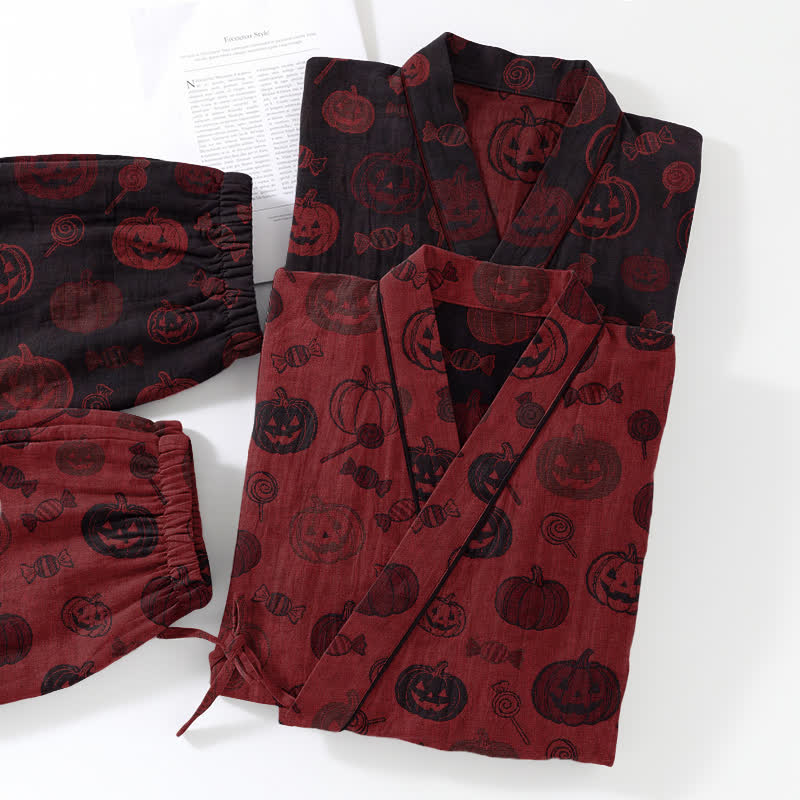 Set pigiama kimono in cotone con stampa zucca di Halloween - image 5