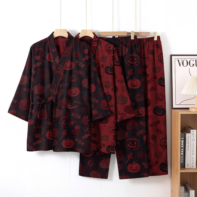 Set pigiama kimono in cotone con stampa zucca di Halloween - image 7