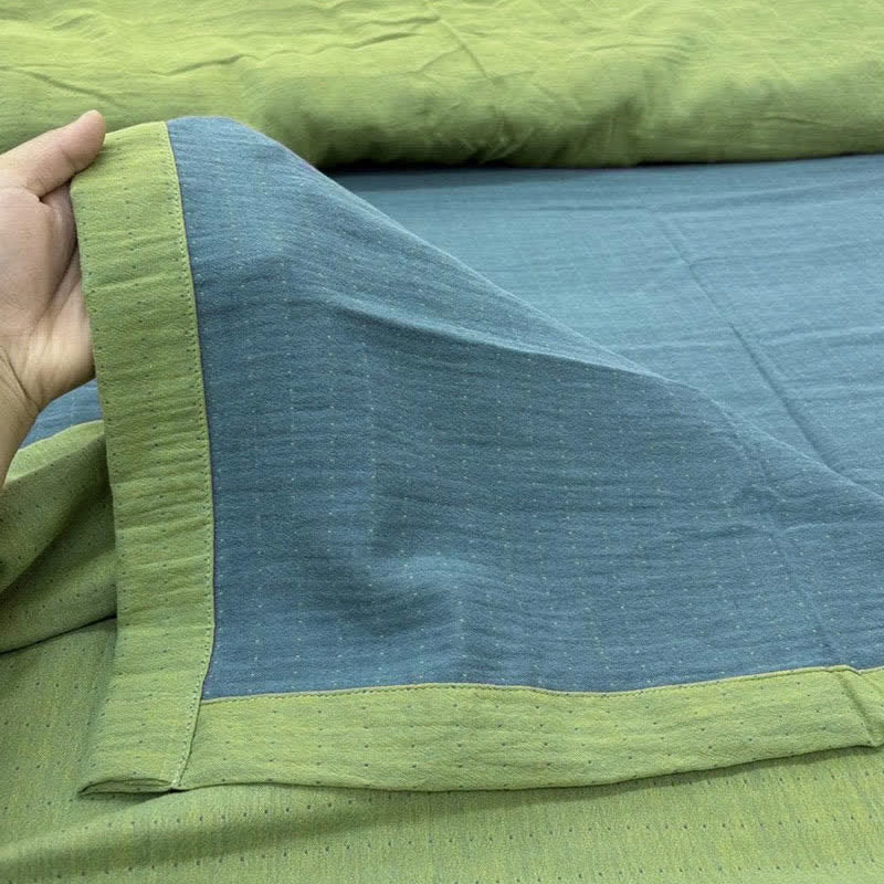 Biancheria da letto minimalista reversibile in garza di cotone - Blu e verde - Lenzuolo - Matrimoniale Grande - image 1
