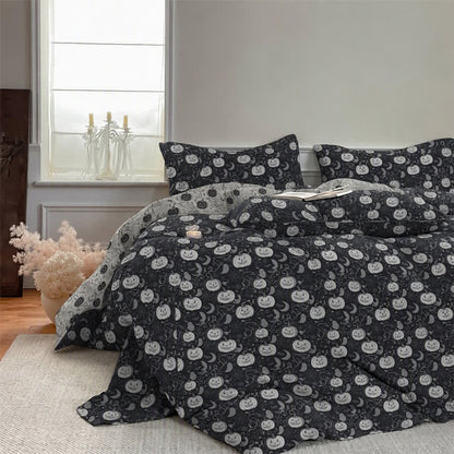 Set di biancheria da letto in cotone a 4 pezzi con motivo zucca e luna di Halloween. - image 3