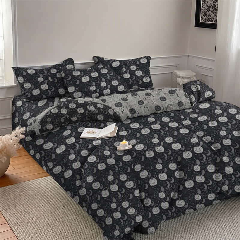 Set di biancheria da letto in cotone a 4 pezzi con motivo zucca e luna di Halloween. - image 2