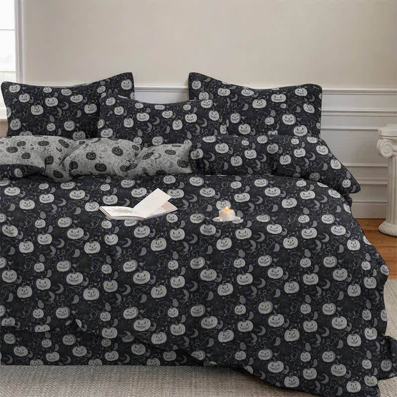 Set di biancheria da letto in cotone a 4 pezzi con motivo zucca e luna di Halloween. - image 1