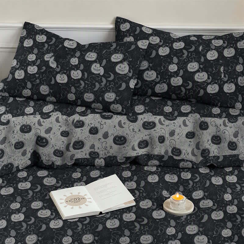 Set di biancheria da letto in cotone a 4 pezzi con motivo zucca e luna di Halloween. - image 6