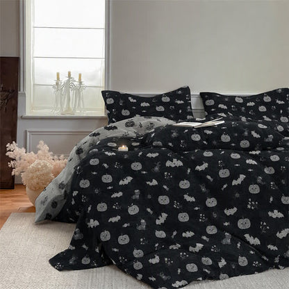 Set di biancheria da letto in cotone a 4 pezzi con motivo zucca e pipistrello di Halloween - image 3
