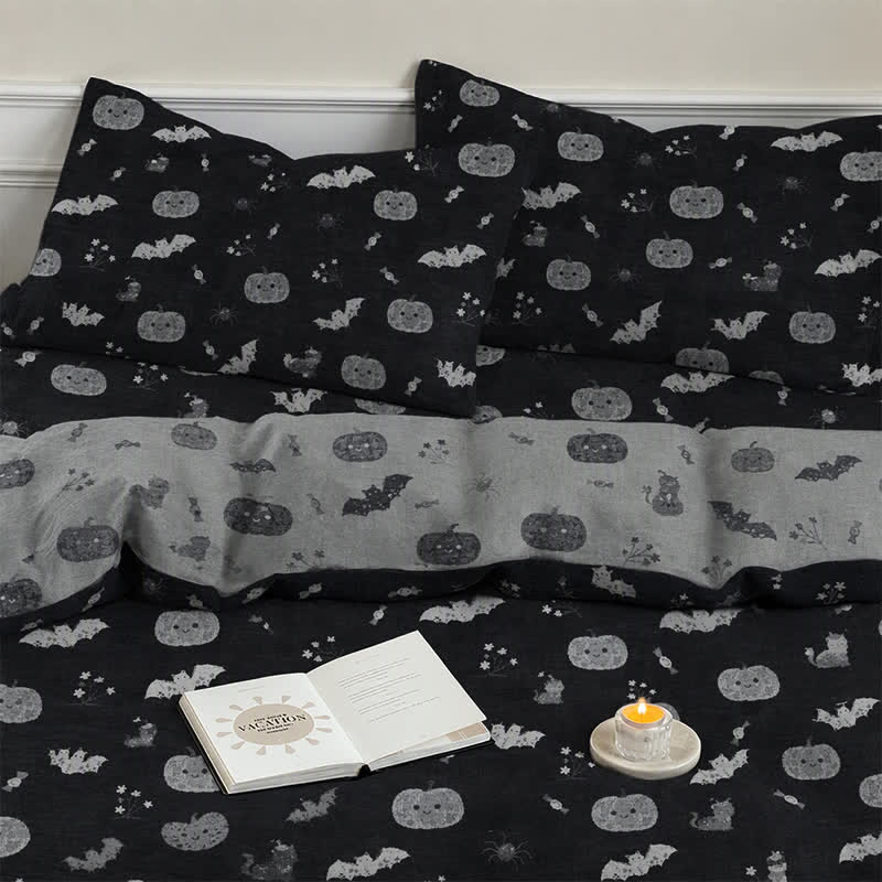 Set di biancheria da letto in cotone a 4 pezzi con motivo zucca e pipistrello di Halloween - image 6