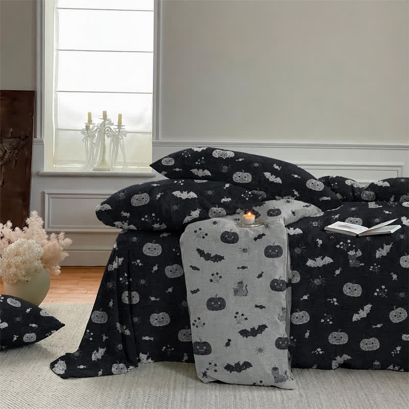 Set di biancheria da letto in cotone a 4 pezzi con motivo zucca e pipistrello di Halloween - image 5