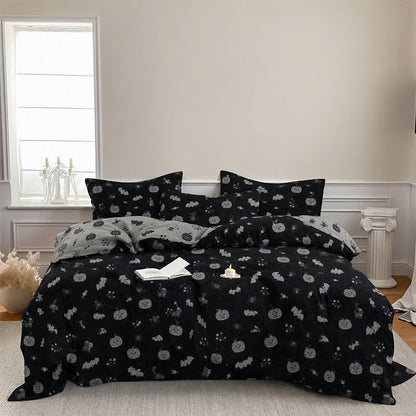 Set di biancheria da letto in cotone a 4 pezzi con motivo zucca e pipistrello di Halloween - image 4
