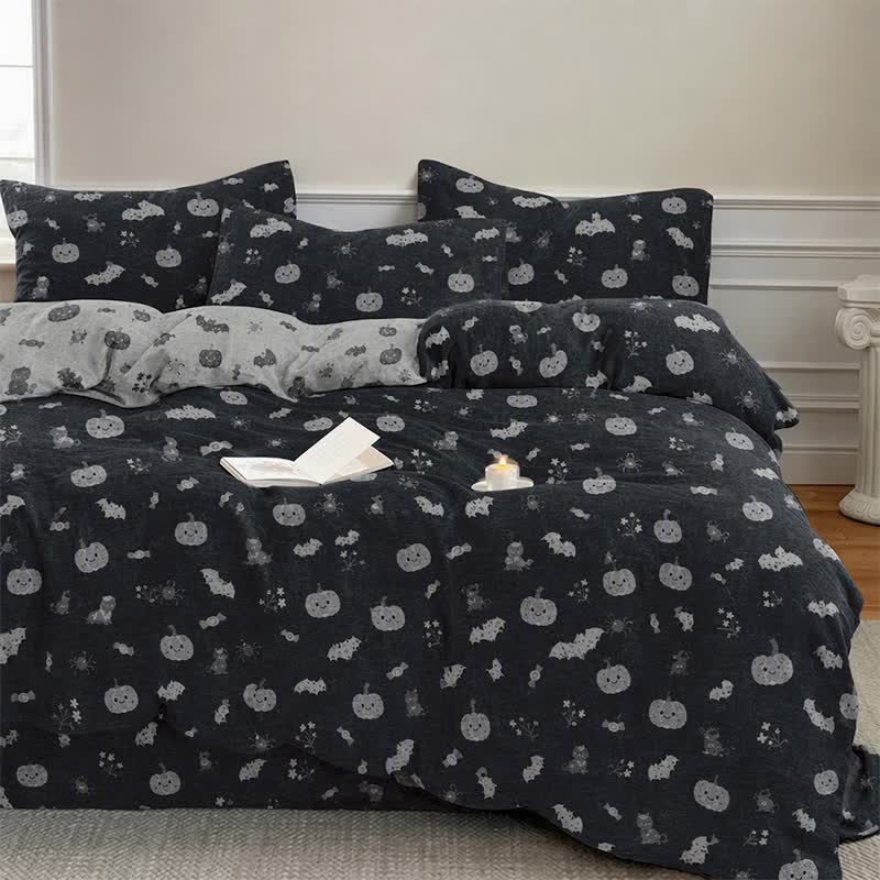 Set di biancheria da letto in cotone a 4 pezzi con motivo zucca e pipistrello di Halloween - image 1