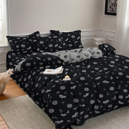 Set di biancheria da letto in cotone a 4 pezzi con motivo zucca e pipistrello di Halloween - image 2