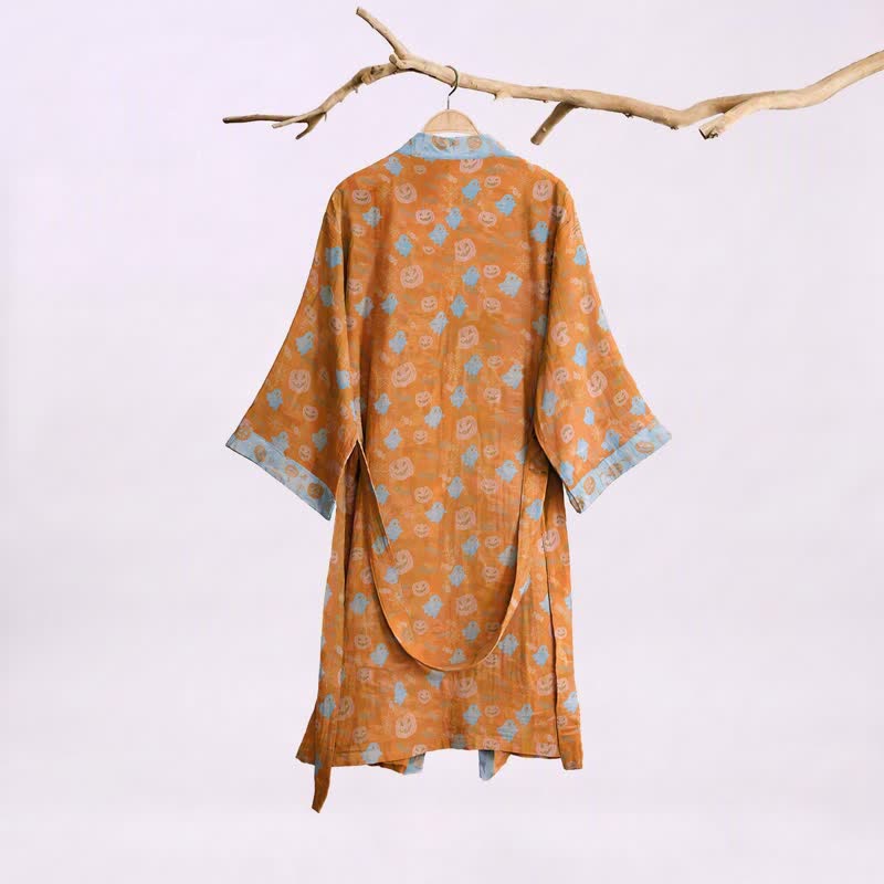Kimono in cotone multicolore con stampa zucca per Halloween - image 1