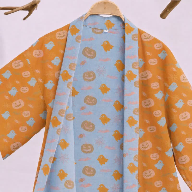 Kimono in cotone multicolore con stampa zucca per Halloween - image 2