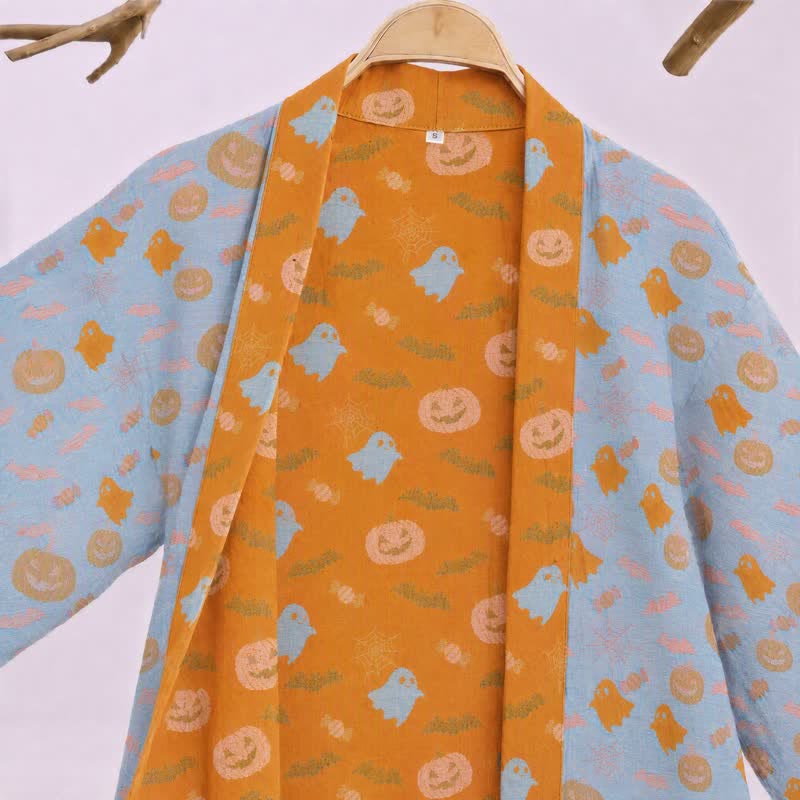 Kimono in cotone multicolore con stampa zucca per Halloween - image 7