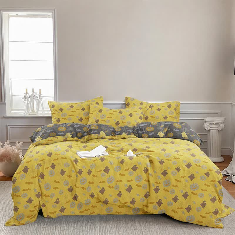 Set di biancheria da letto in cotone a 4 pezzi con motivo zucca e fantasmi multicolore. - image 4