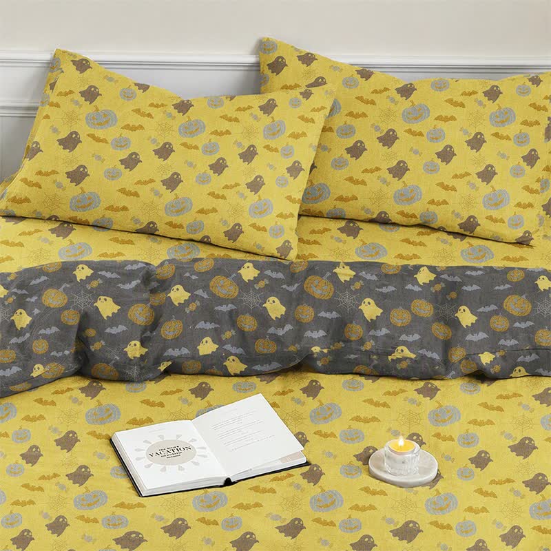Set di biancheria da letto in cotone a 4 pezzi con motivo zucca e fantasmi multicolore. - image 6
