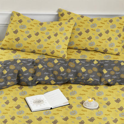 Set di biancheria da letto in cotone a 4 pezzi con motivo zucca e fantasmi multicolore. - image 6