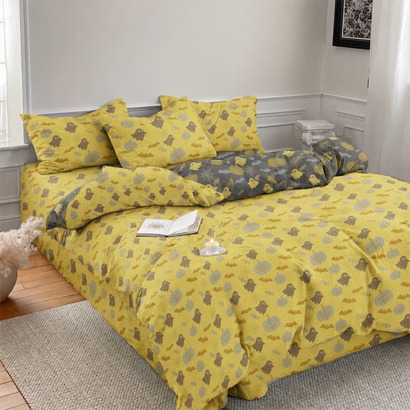 Set di biancheria da letto in cotone a 4 pezzi con motivo zucca e fantasmi multicolore. - image 2