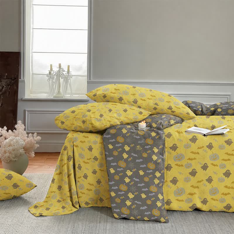 Set di biancheria da letto in cotone a 4 pezzi con motivo zucca e fantasmi multicolore. - image 5