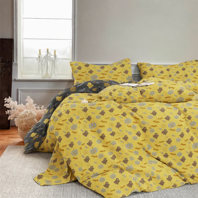 Set di biancheria da letto in cotone a 4 pezzi con motivo zucca e fantasmi multicolore. - image 3
