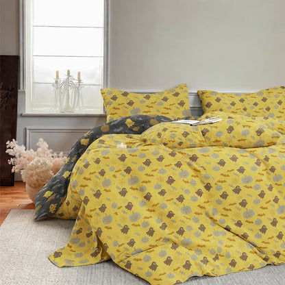 Set di biancheria da letto in cotone a 4 pezzi con motivo zucca e fantasmi multicolore. - image 3