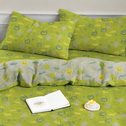 Set di biancheria da letto in cotone a 4 pezzi con motivo zucca e fantasmi multicolore. - image 13