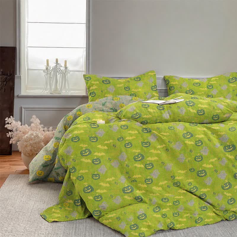 Set di biancheria da letto in cotone a 4 pezzi con motivo zucca e fantasmi multicolore. - image 10