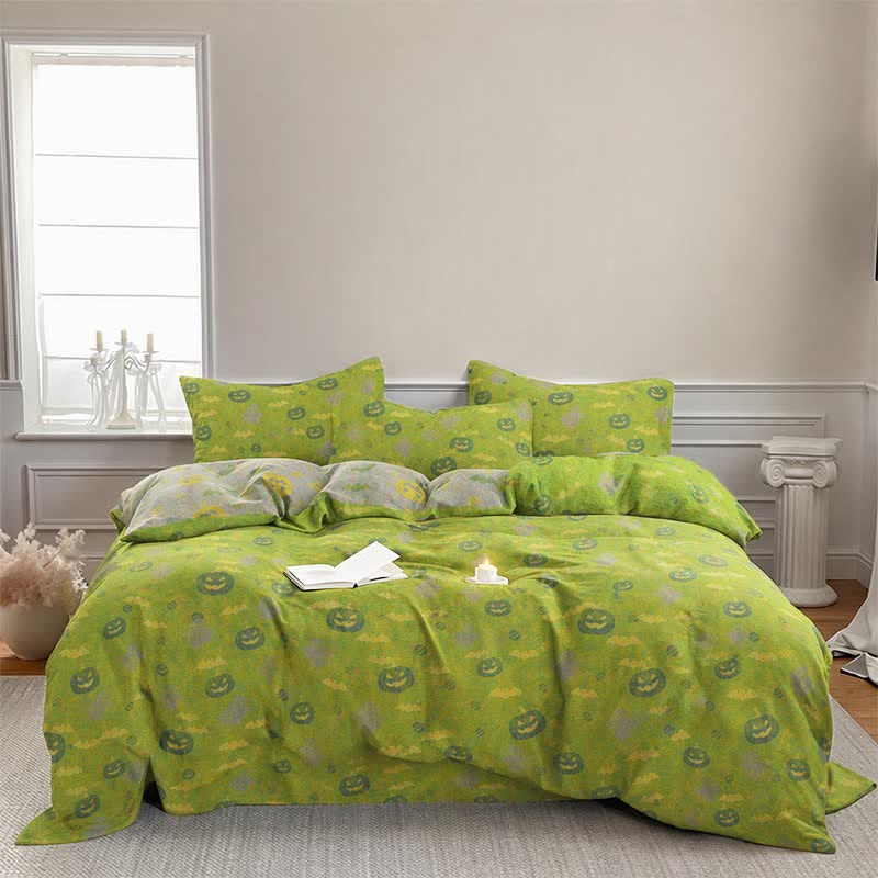Set di biancheria da letto in cotone a 4 pezzi con motivo zucca e fantasmi multicolore. - image 11