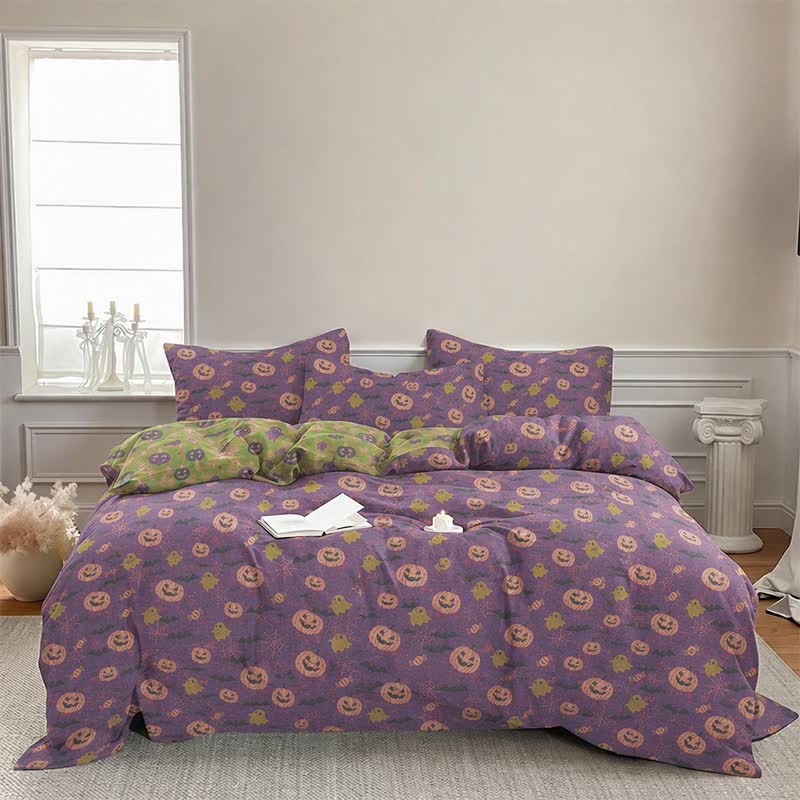 Set di biancheria da letto in cotone a 4 pezzi con motivo zucca e fantasmi multicolore. - image 18