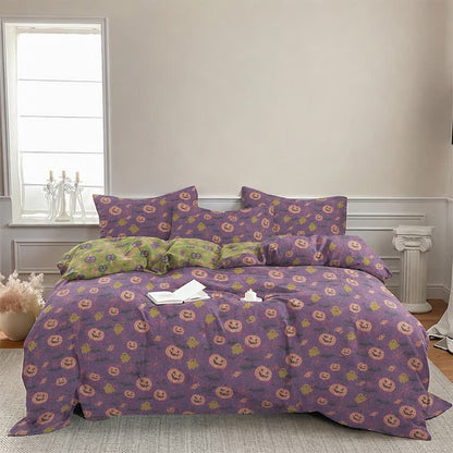 Set di biancheria da letto in cotone a 4 pezzi con motivo zucca e fantasmi multicolore. - image 18