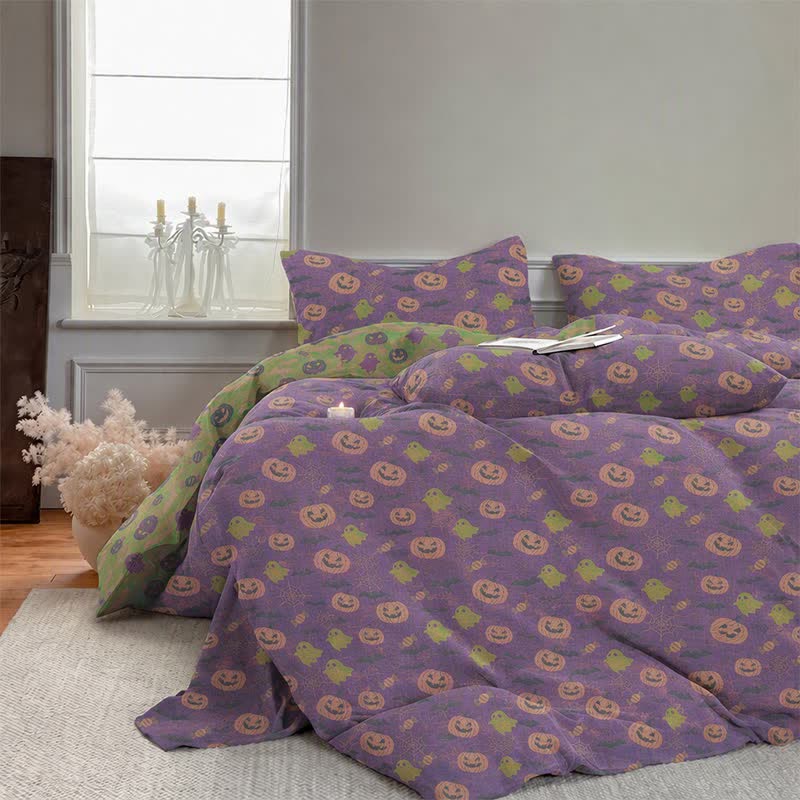 Set di biancheria da letto in cotone a 4 pezzi con motivo zucca e fantasmi multicolore. - image 17