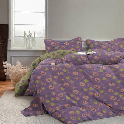Set di biancheria da letto in cotone a 4 pezzi con motivo zucca e fantasmi multicolore. - image 17