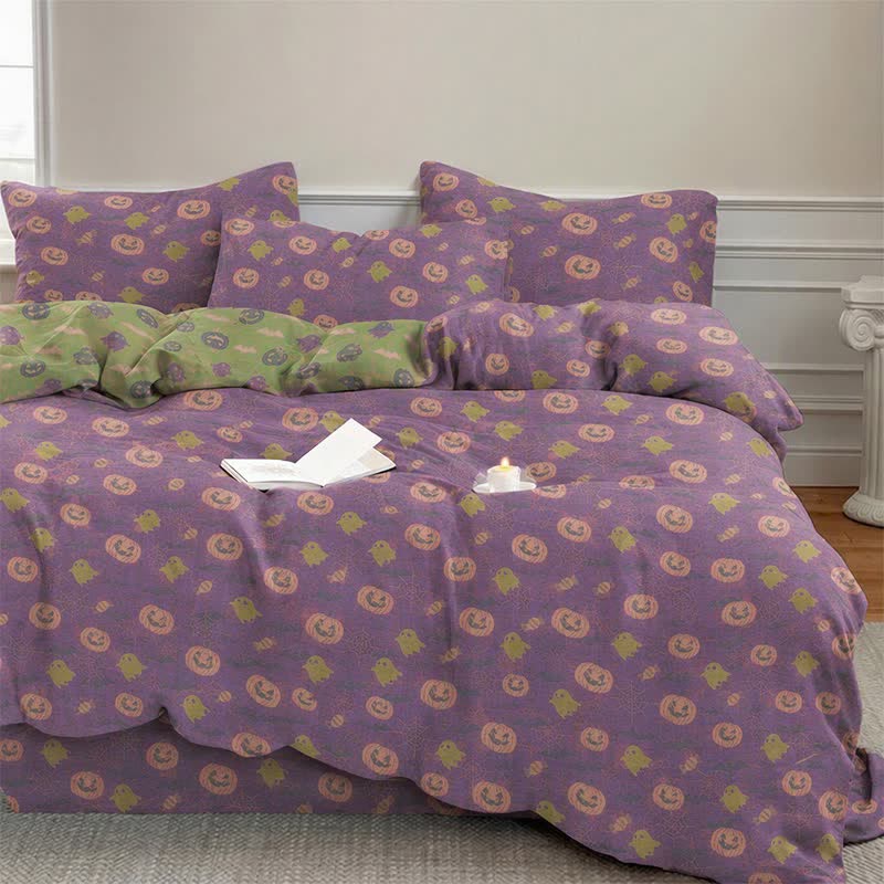 Set di biancheria da letto in cotone a 4 pezzi con motivo zucca e fantasmi multicolore. - image 15
