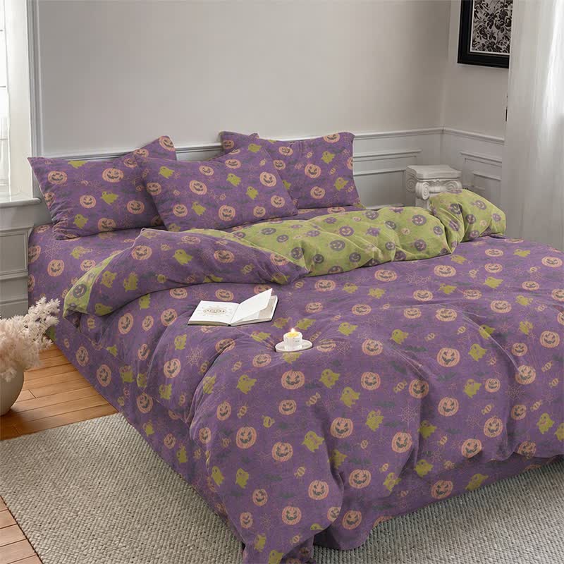 Set di biancheria da letto in cotone a 4 pezzi con motivo zucca e fantasmi multicolore. - image 16